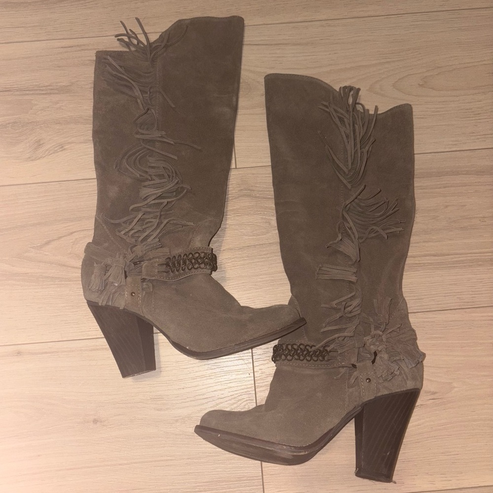 Taupe Real Suede Fringe Boots